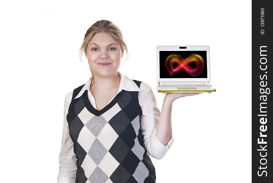 Attractive blond business woman isolated on a white background with laptop