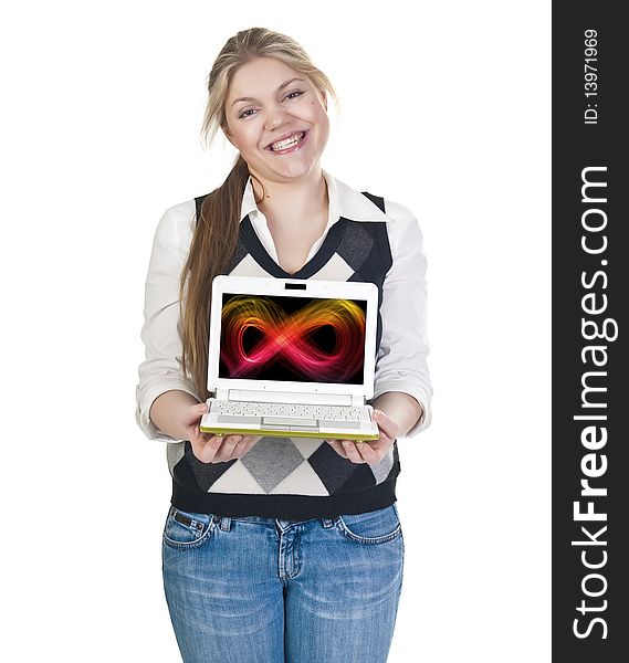 Businesswoman holding a laptop computer. Businesswoman holding a laptop computer