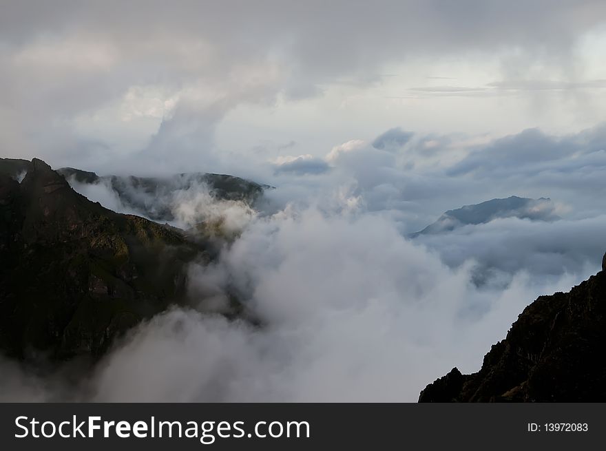 Mountains of Madeira island above the clouds at Pico do Areeiro and Ruivo. Mountains of Madeira island above the clouds at Pico do Areeiro and Ruivo