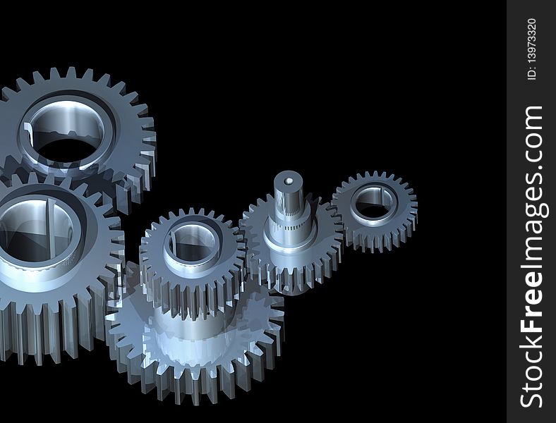 Complex mechanism of gear wheels and axles working together. Complex mechanism of gear wheels and axles working together