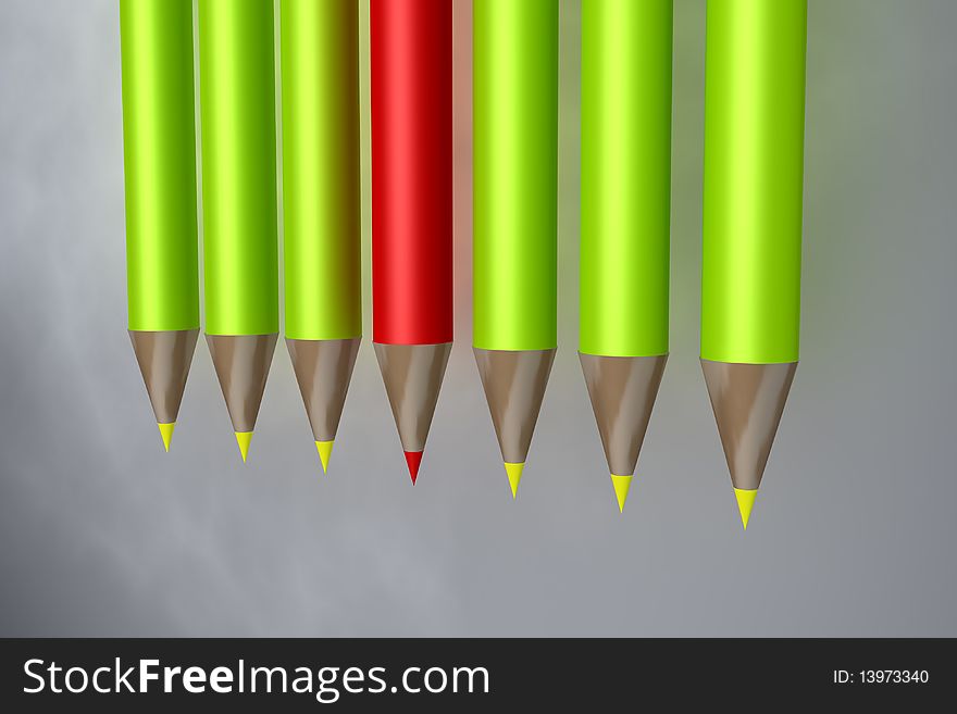 Three dimensional red and green pencils on gray background. Three dimensional red and green pencils on gray background