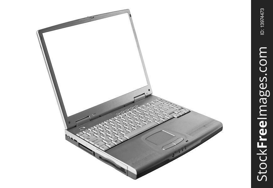 The laptop of silvery colour on a white background close up