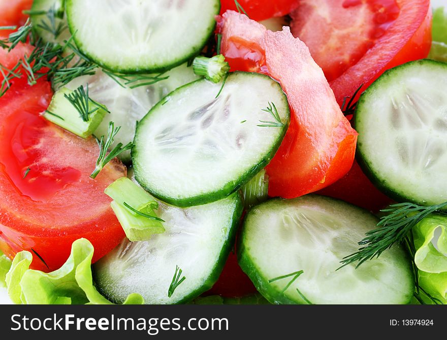 Salad  tomatos cucumber dill and greenonion. Salad  tomatos cucumber dill and greenonion