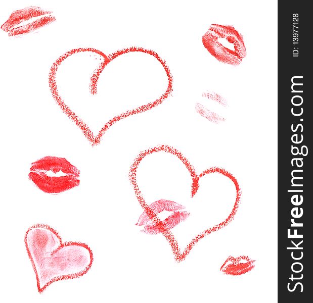 Red lipstick hearts and lips print, kiss for st. valentine's day