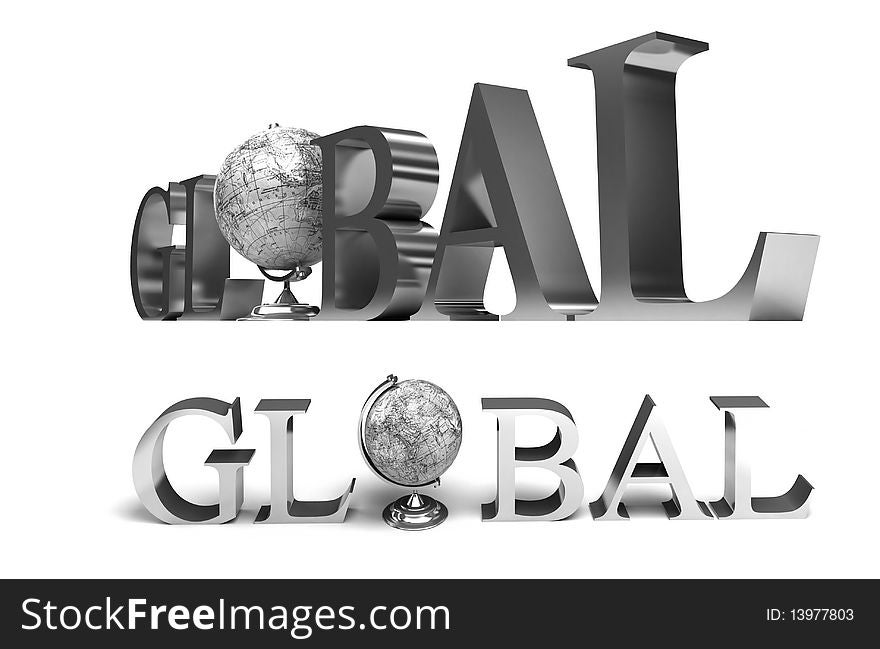 Silver word Global with 3D globe replacing letter O