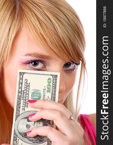 Woman holding money, shot on white background