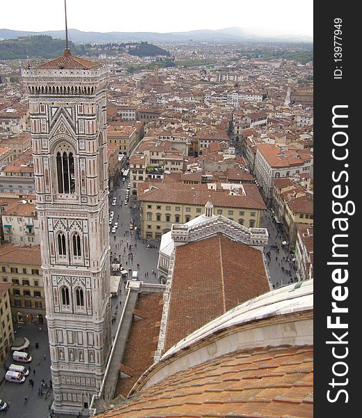 Florence cathedral - roofs and steeple - bird's eye view from Brunelleschi's dome