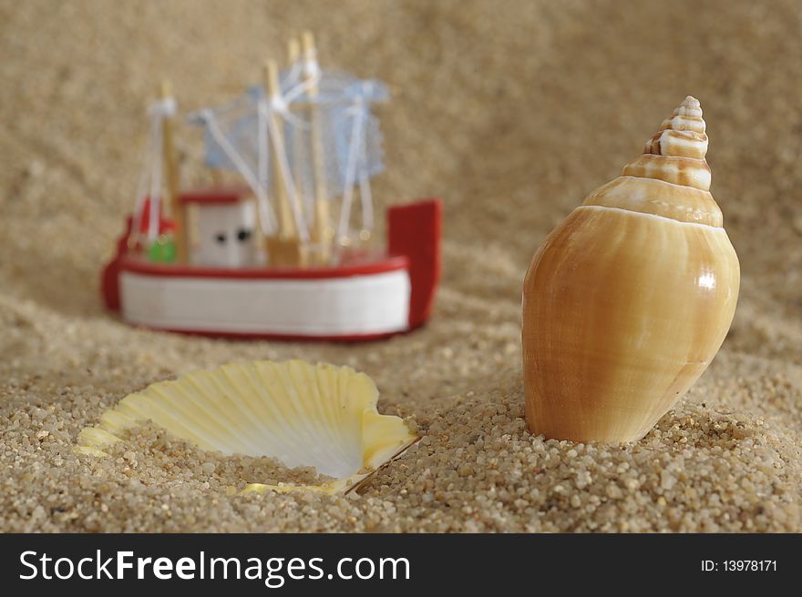 Shell and ship at sunny ocean beach as symbol for holiday. Shell and ship at sunny ocean beach as symbol for holiday