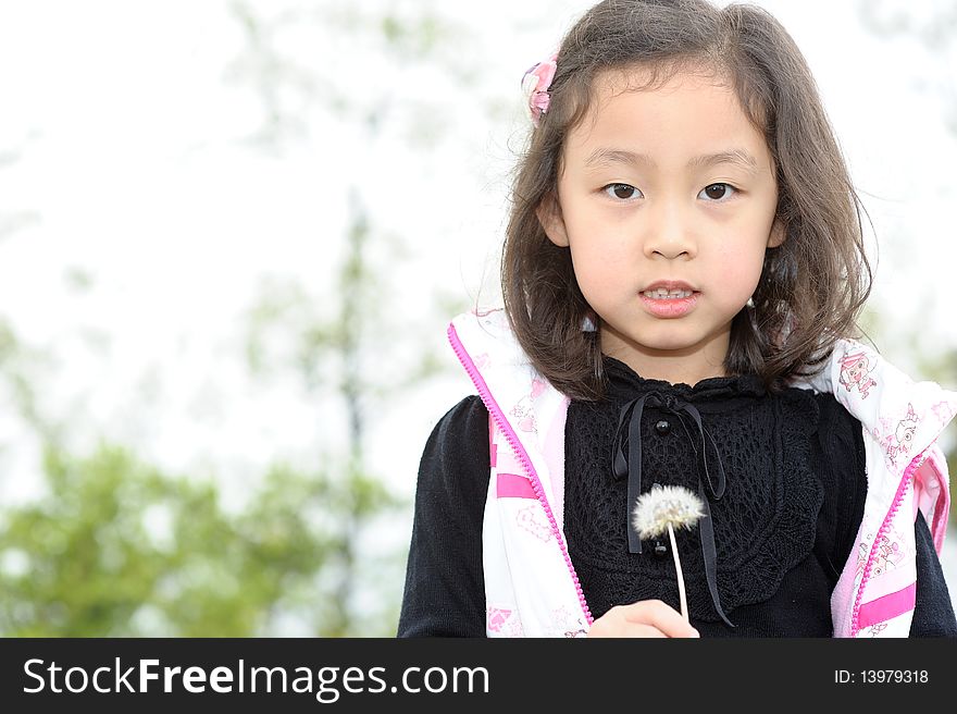 Little asian girl and Dandelion