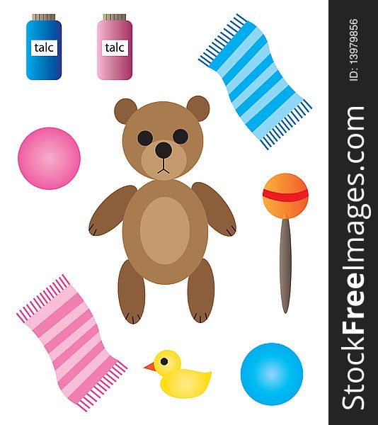 Baby and Nursery Items - Teddy Bear, Rattle, Ducky, Ball, Blanket and Talc Powder