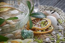 Composition Of Spa Treatment With Green Salt And Soap On Wooden Background Stock Photography