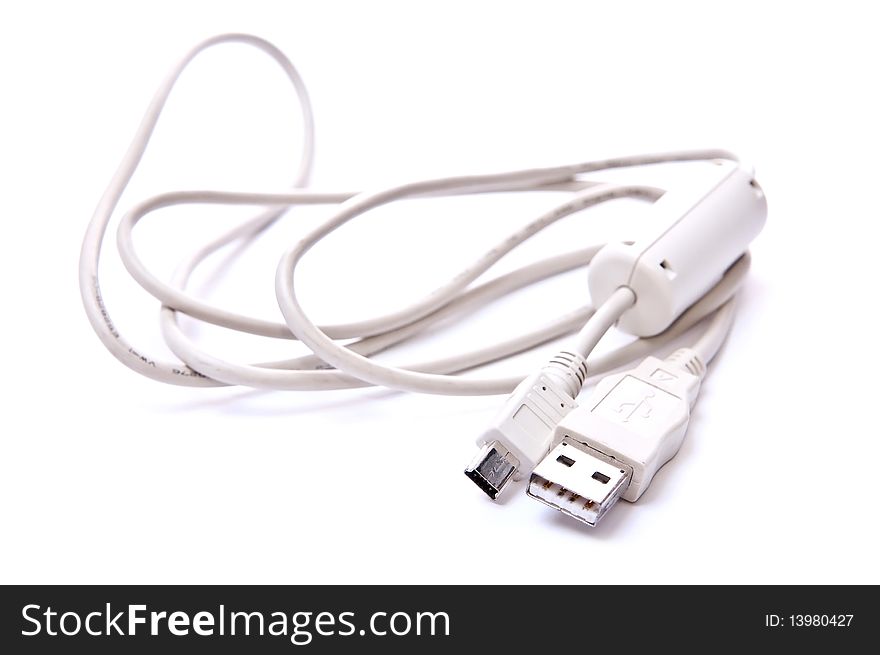 White  usb cable isolated on white background. with shadow