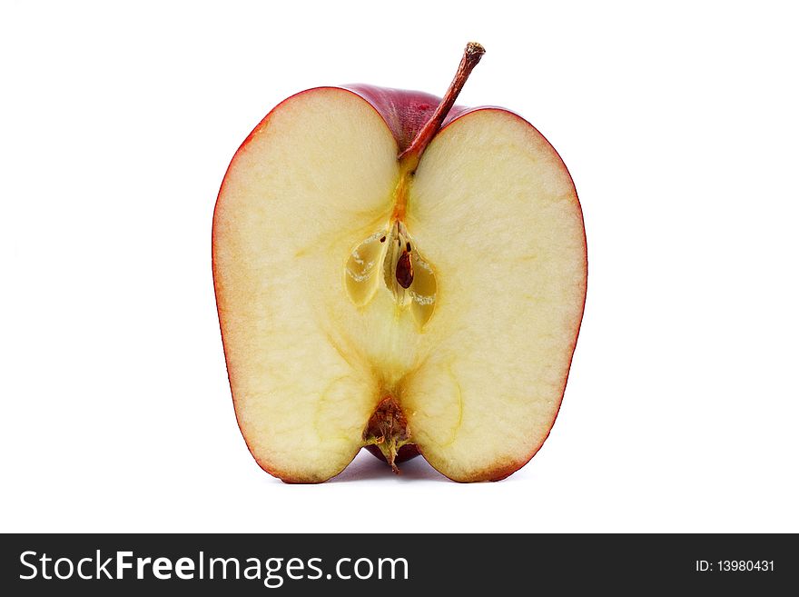 Close up of half red apple isolated on white background.