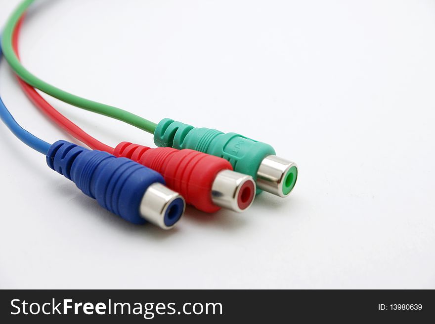 Three color component video cable 3 jack close up. Three color component video cable 3 jack close up