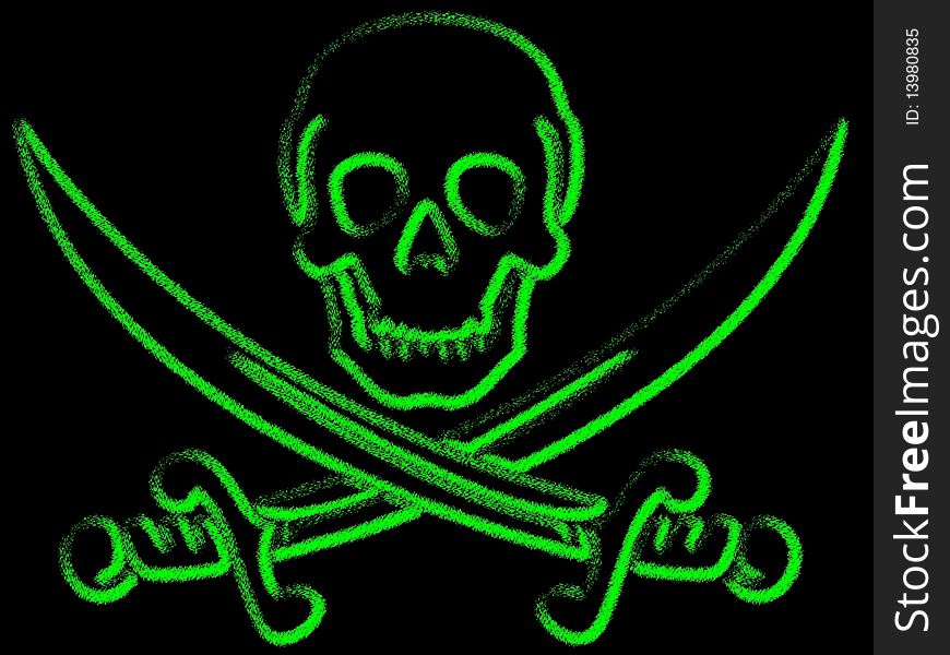 Illustration of danger green skull with sabres on black background. Illustration of danger green skull with sabres on black background
