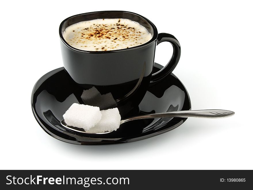 Black cup of coffee and lump sugar isolated on white background