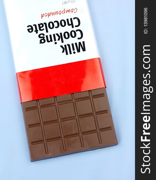 Packaged cooking chocolate isolated against a blue background