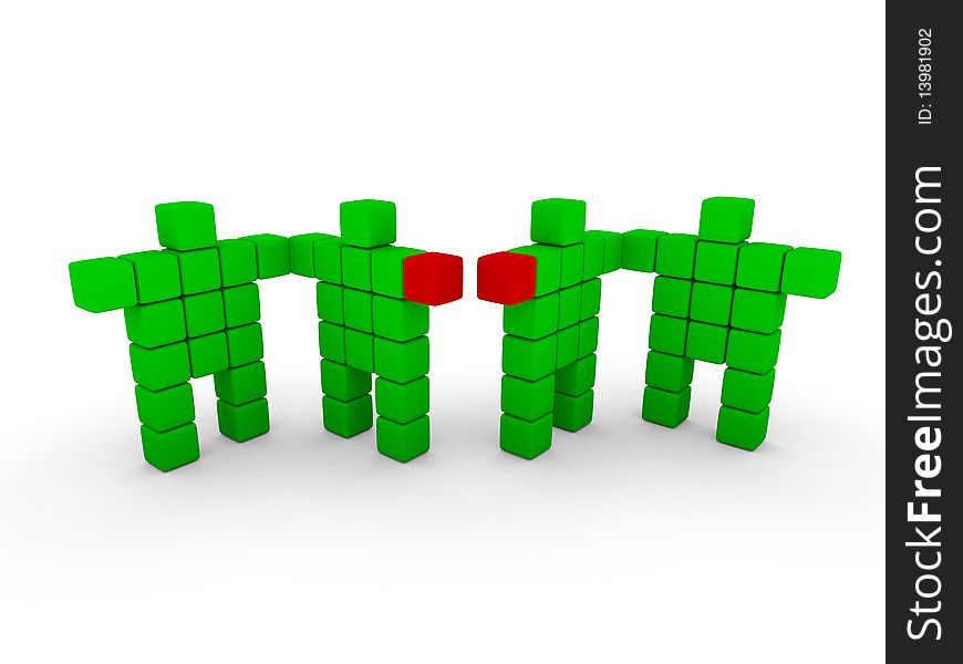 Green cube mans in chain with broken link. Green cube mans in chain with broken link