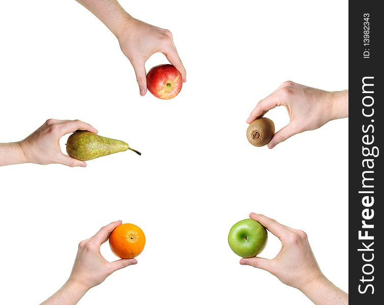 Hands offering different fruits isolated on white background. Hands offering different fruits isolated on white background