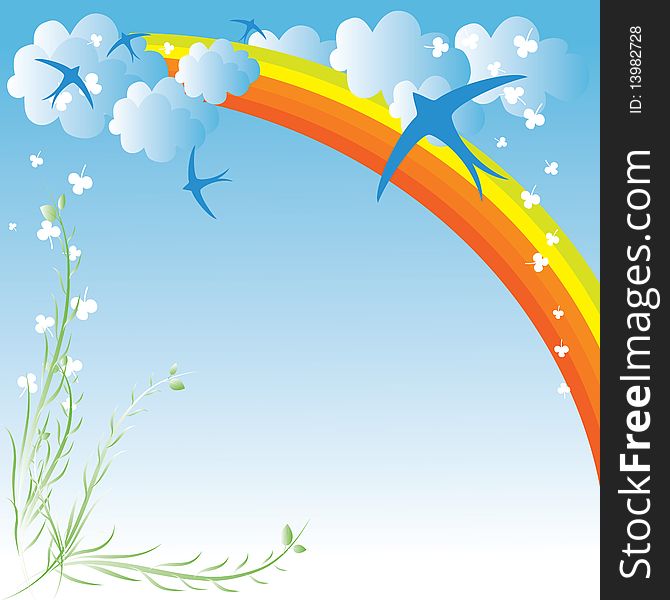 Spring design with clouds, rainbows and birds