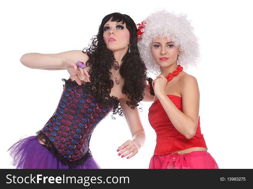 Two women portrait posing as doll isolated over white. Two women portrait posing as doll isolated over white
