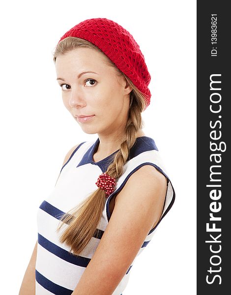 Girl in red hat isolated on white