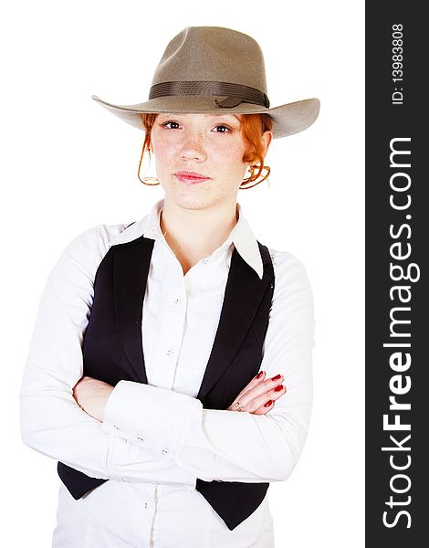 Redhead girl in hat  isolated on white