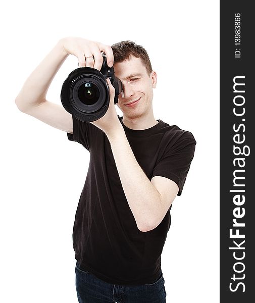 Man with camera isolated on white