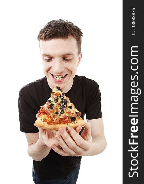 Man with pizza isolated on white