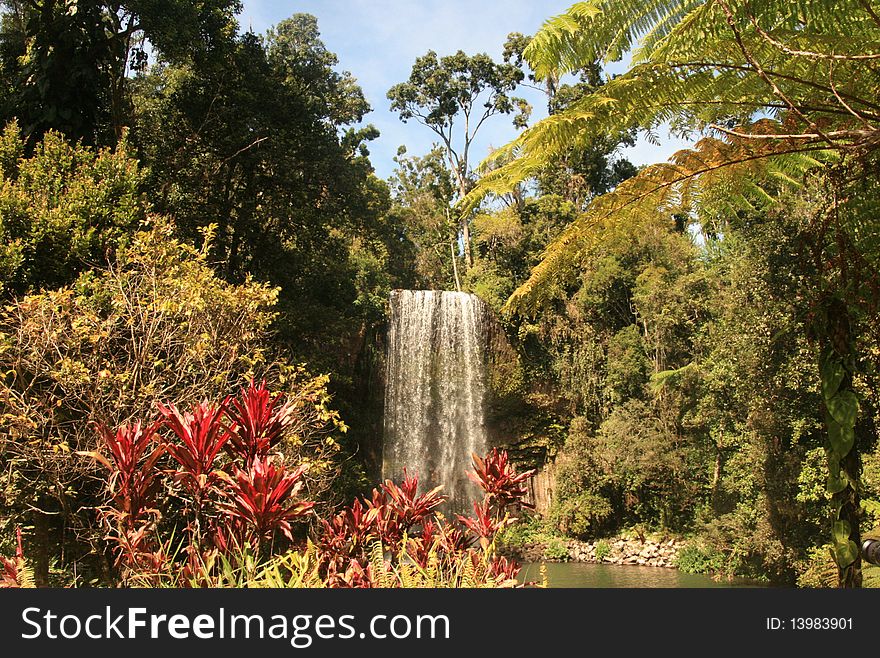 Landscape of tropical vegetation and waterfall