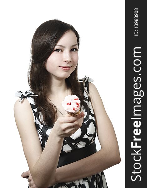 Girl with ice cream isolated on white