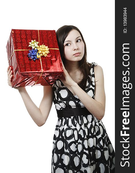 Girl with gift isolated on white