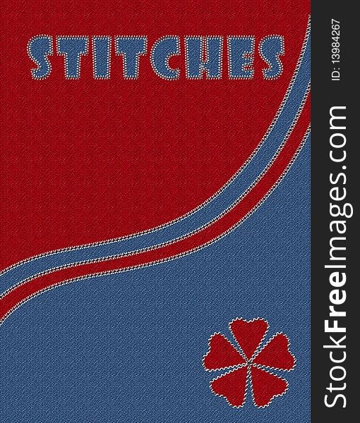Blue and red jeans with stitches
