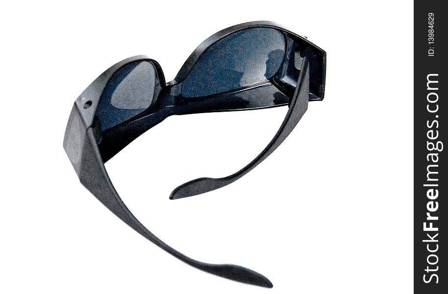A pair of wrap around sunglasses on a white background.