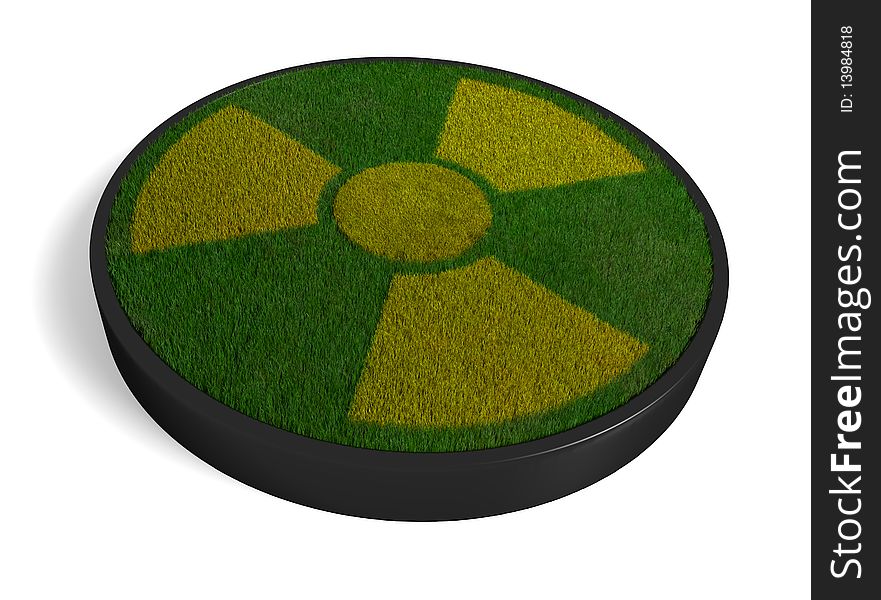 3D radioactivity symbol with grass as a symbol of clean energy. Can radioactivity be ecological?. 3D radioactivity symbol with grass as a symbol of clean energy. Can radioactivity be ecological?
