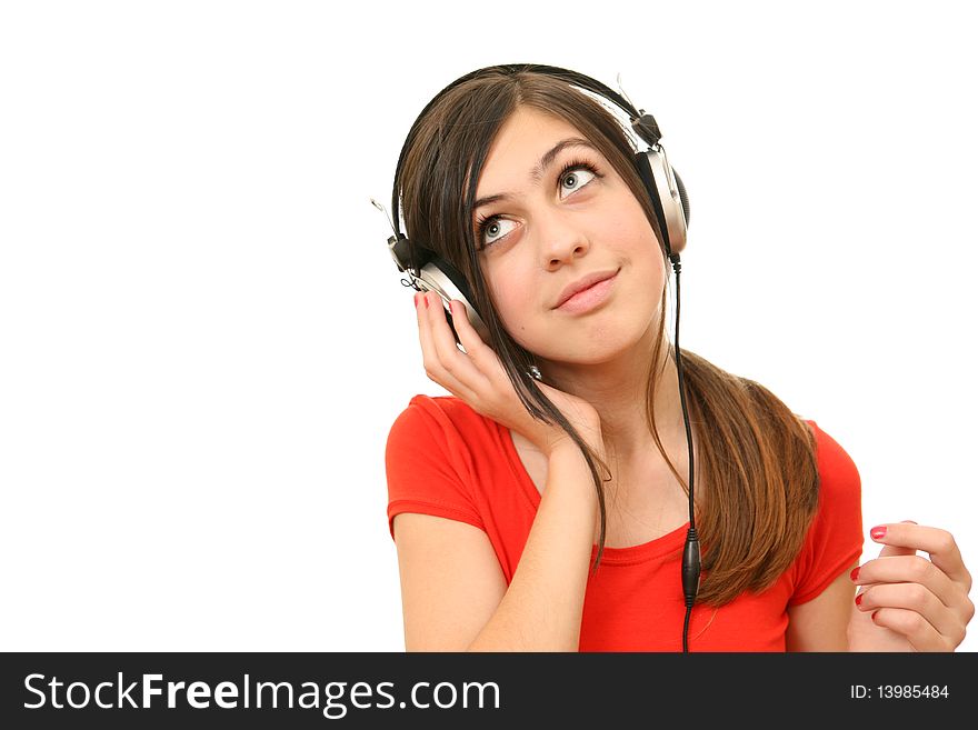 The girl in headphones on a white background