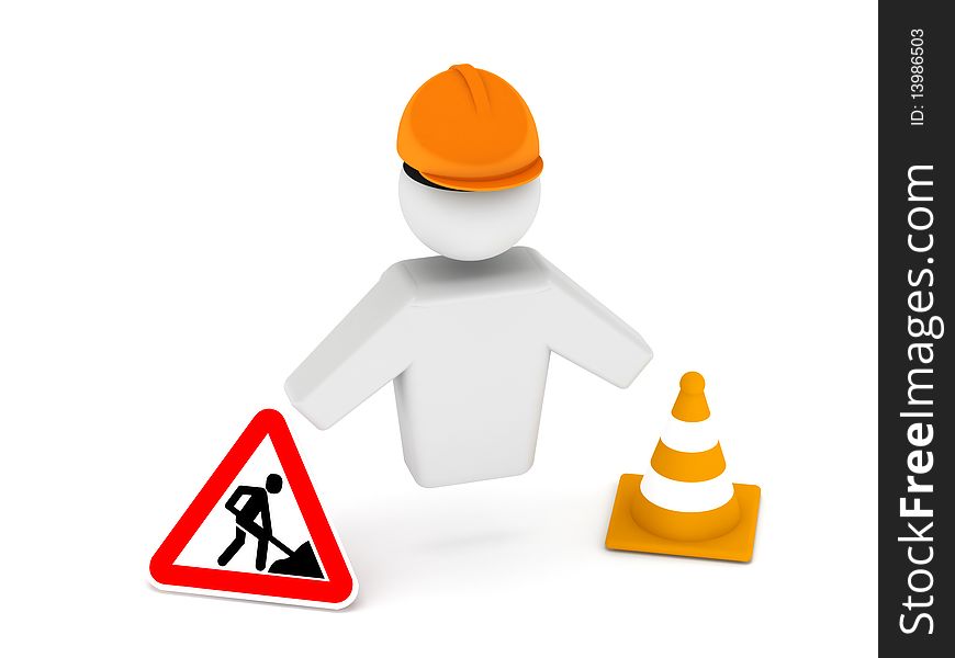 Road worker. construction zone. Road woker, cone and road sign isolated on white background. High quality 3d render.