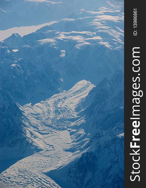 A glacier in green land from an aerial view. A glacier in green land from an aerial view
