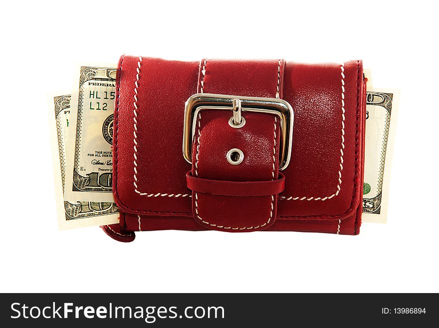 A red purse with money isolated on white