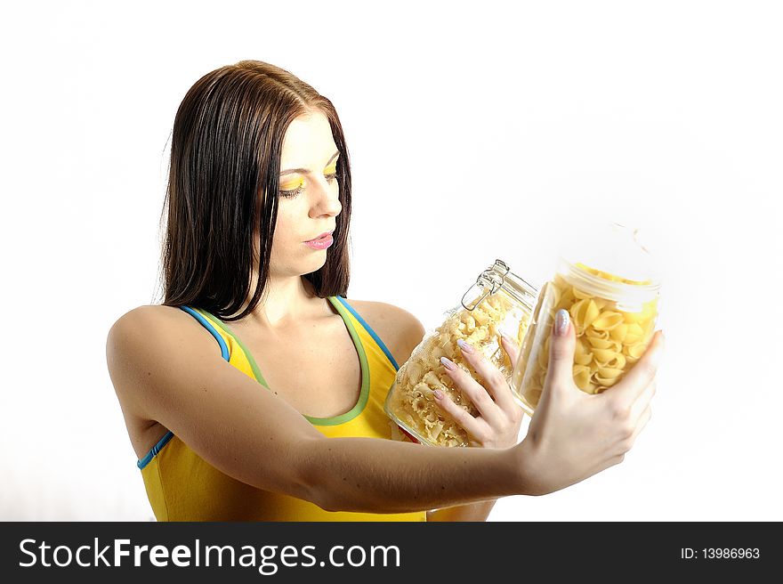 Young Woman Holding Canes With Different Pasta