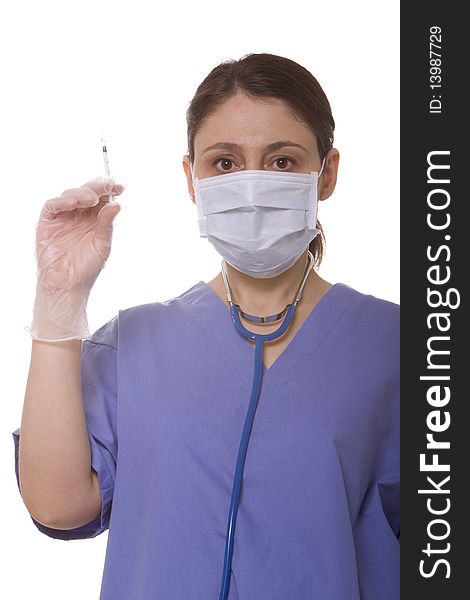 Female doctor holding a syringe. Female doctor holding a syringe