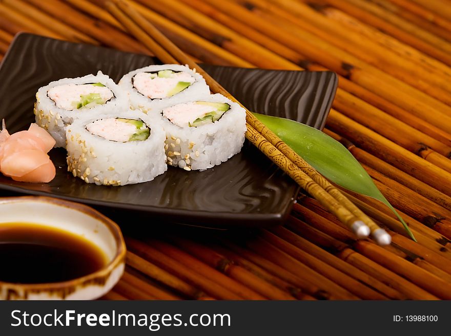 Plate of California rolls with ginger