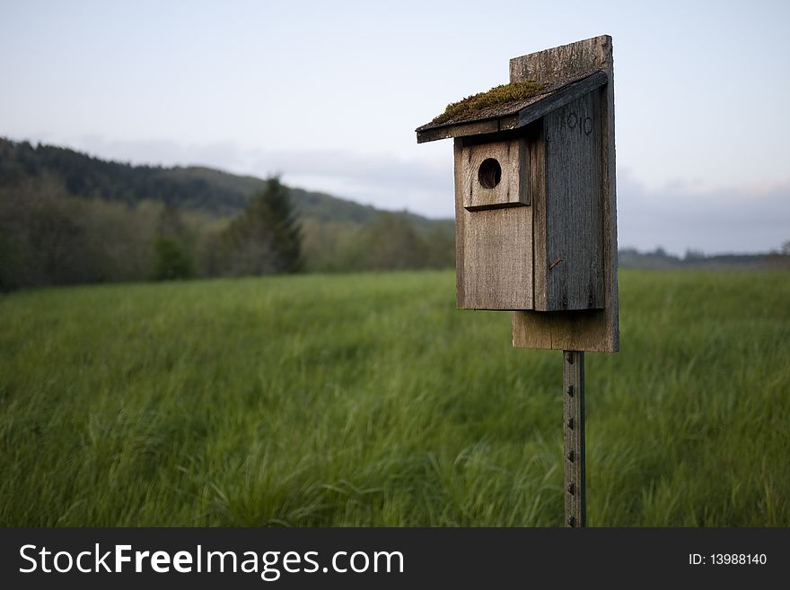 Bluebird bird house on a pole in a field. Bluebird bird house on a pole in a field