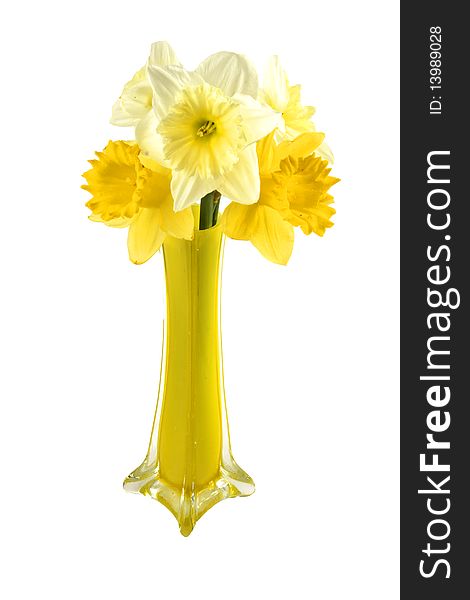 Bouquet of narcissuses in a yellow narrow vase. Bouquet of narcissuses in a yellow narrow vase