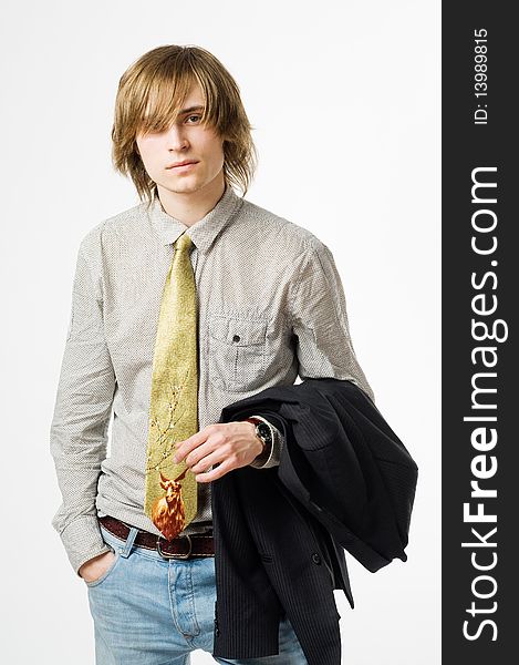 Waist up portrait of young man on light gray background