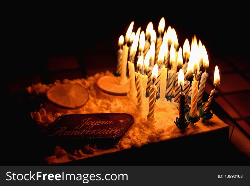 Birthday cake in dark with candles. Birthday cake in dark with candles.