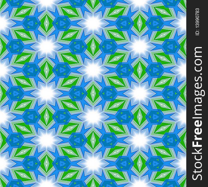 Seamless abstracted texture with white stars and green leaves on blue. Seamless abstracted texture with white stars and green leaves on blue