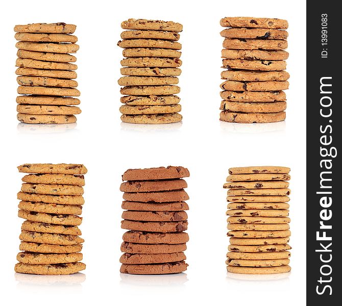 Chocolate chip cookie collection, including, chunk, flapjack, blueberry and oat, muesli, and all butter, isolated over white background. Chocolate chip cookie collection, including, chunk, flapjack, blueberry and oat, muesli, and all butter, isolated over white background.
