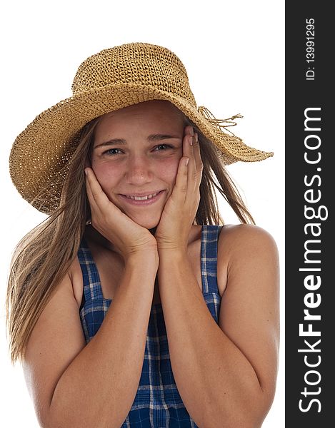 Pretty teen girl wearing an old straw hat. Pretty teen girl wearing an old straw hat