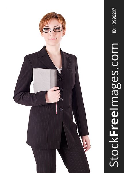 Girl with book in black suit isolated on white background. Girl with book in black suit isolated on white background